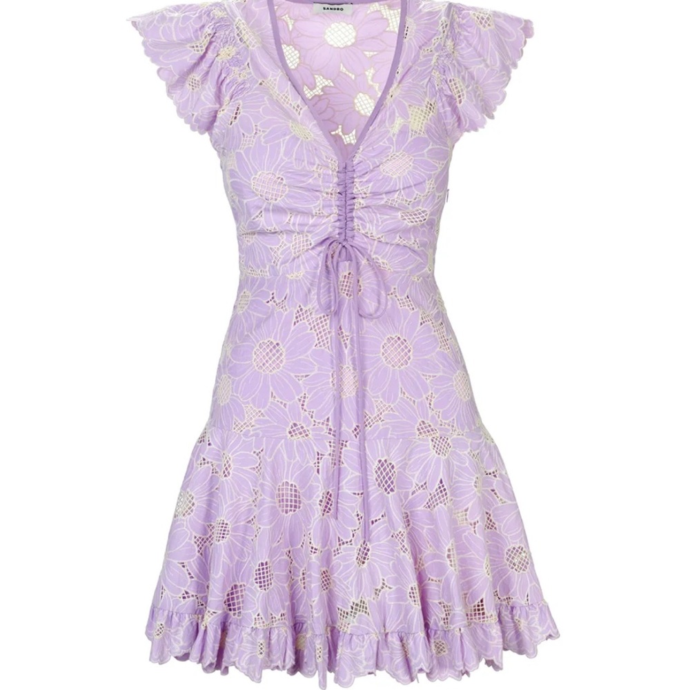 NWOT SANDRO Ruffled Metallic Broderie Anglaise Mini Dress. Size 42